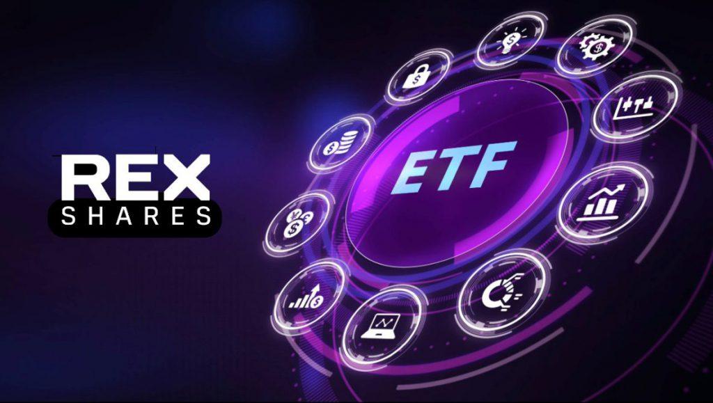 REX Shares ETF platform graphic with cryptocurrency symbols