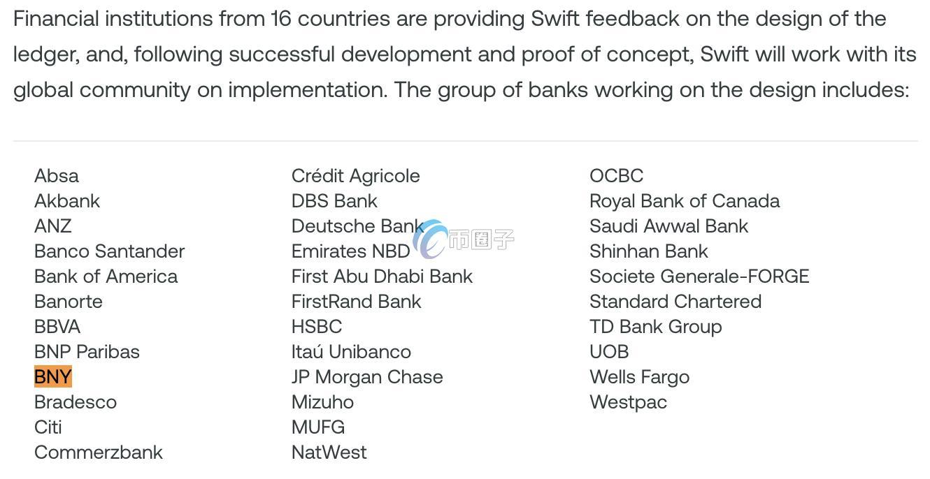 图为30家金融机构与SWIFT的合作名单，BNY也在其中
