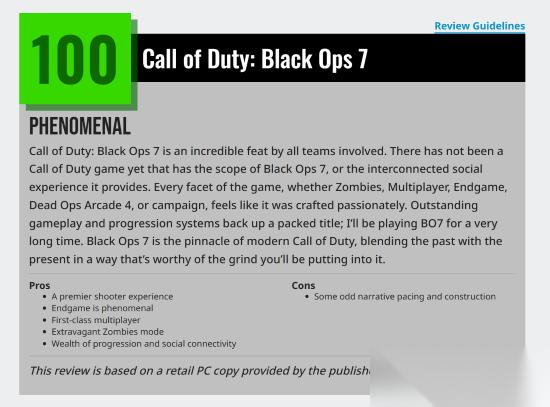 使命召唤22 黑色行动7获满分评测，创新与品质登峰造极