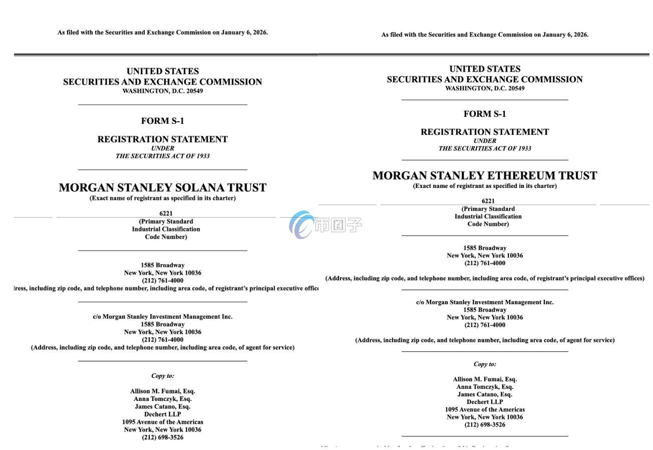图为摩根士丹利向SEC申请SOL与ETH ETF文件画面